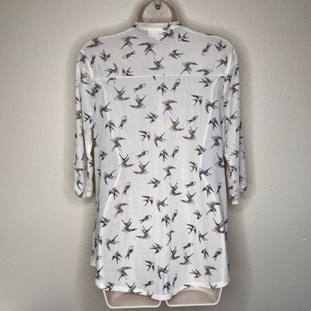 Siren Lily Bird Print Tie Neck Button Front Semi Sheer Cream Top Women Medium - Picture 6 of 13